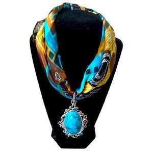 Boho Turquoise Scarf Necklace with large pendant NWOT